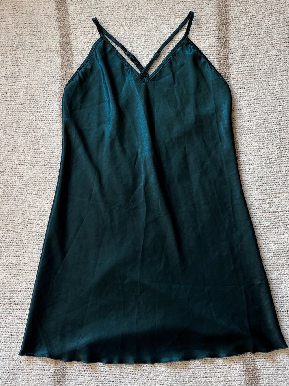 dark green satiny slip mini dress